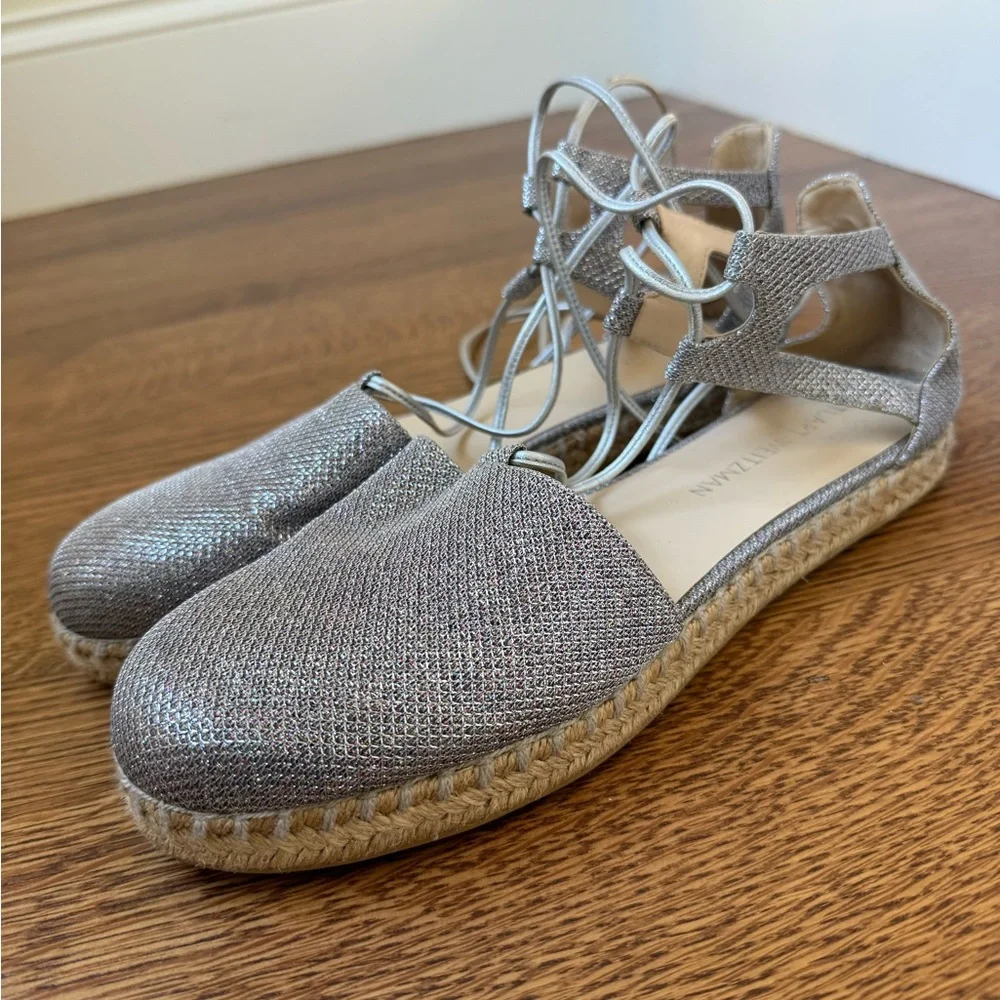 STUART WEITZMAN Walk My Way Glitter‎ Lace Up Espadrilles Metallic Feminine 9.5